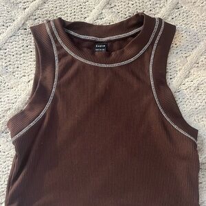 SHEIN Brown Ribbed Tank Top with Gray Trim
